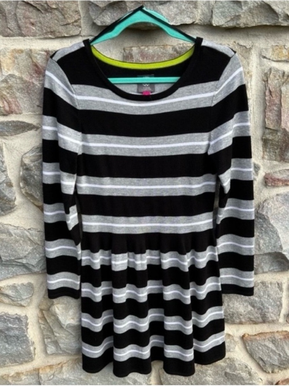 Vince Camuto Black & Gray Striped Long Sleeve Sweater Dress, Size M